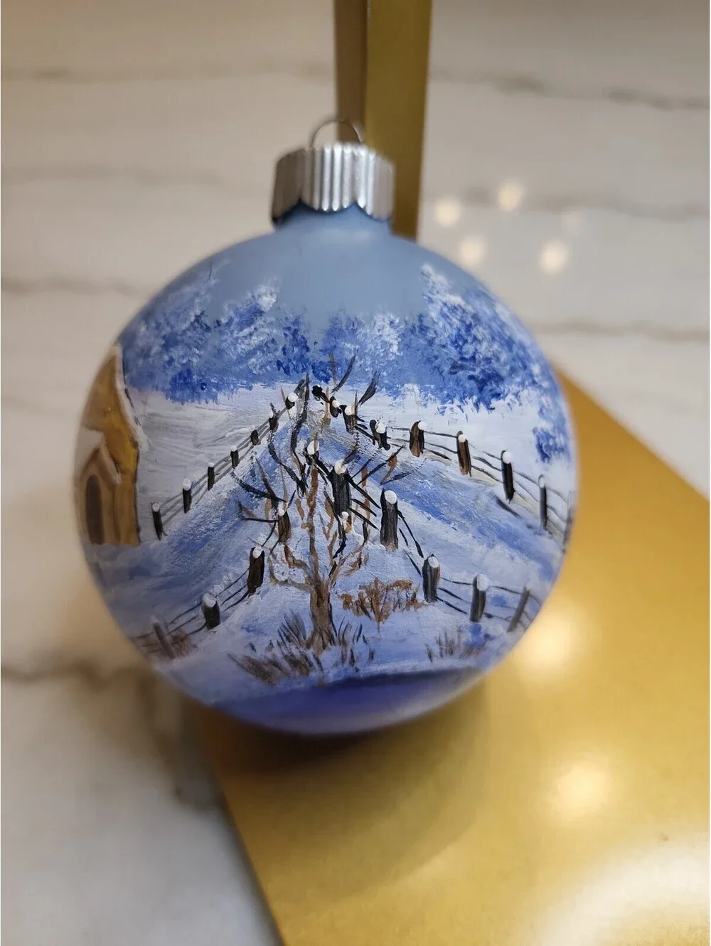 Vtg Glass Hand Painted Signed Ornament EUC Winter Snow Day Farm Scene 3.5” OOAK